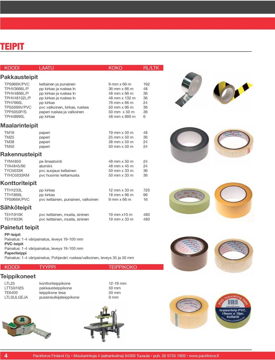 36 TPH48990L pp kirkas 48 mm x 990 m 6 Maalarinteipit TM19 paperi 19 mm x 50 m 48 TM25 paperi 25 mm x 50 m 36 TM38 paperi 38 mm x 50 m 24 TM50 paperi 50 mm x 50 m 24 Rakennusteipit TYM4850 pe