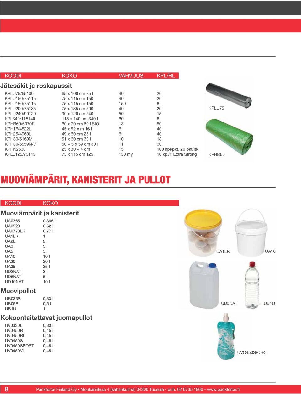 x 60 cm 30 l 10 18 KPH30/5559N/V 50 + 5 x 59 cm 30 l 11 60 KPHK2530 25 x 30 + 4 cm 15 100 kpl/pkt, 20 pkt/ltk KPLE125/73115 73 x 115 cm 125 l 130 my 10 kpl/rl Extra Strong KPLU75 KPHB60 MUOVIÄMPÄRIT,