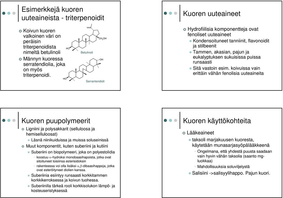 HO HO CH 2 OH Betulinoli OH Serrantendioli Hydrofiilisia komponentteja ovat fenoliset uuteaineet Kondensoituneet tanniinit, flavonoidit ja stilbeenit Tammen, akasian, pajun ja eukalyptuksen