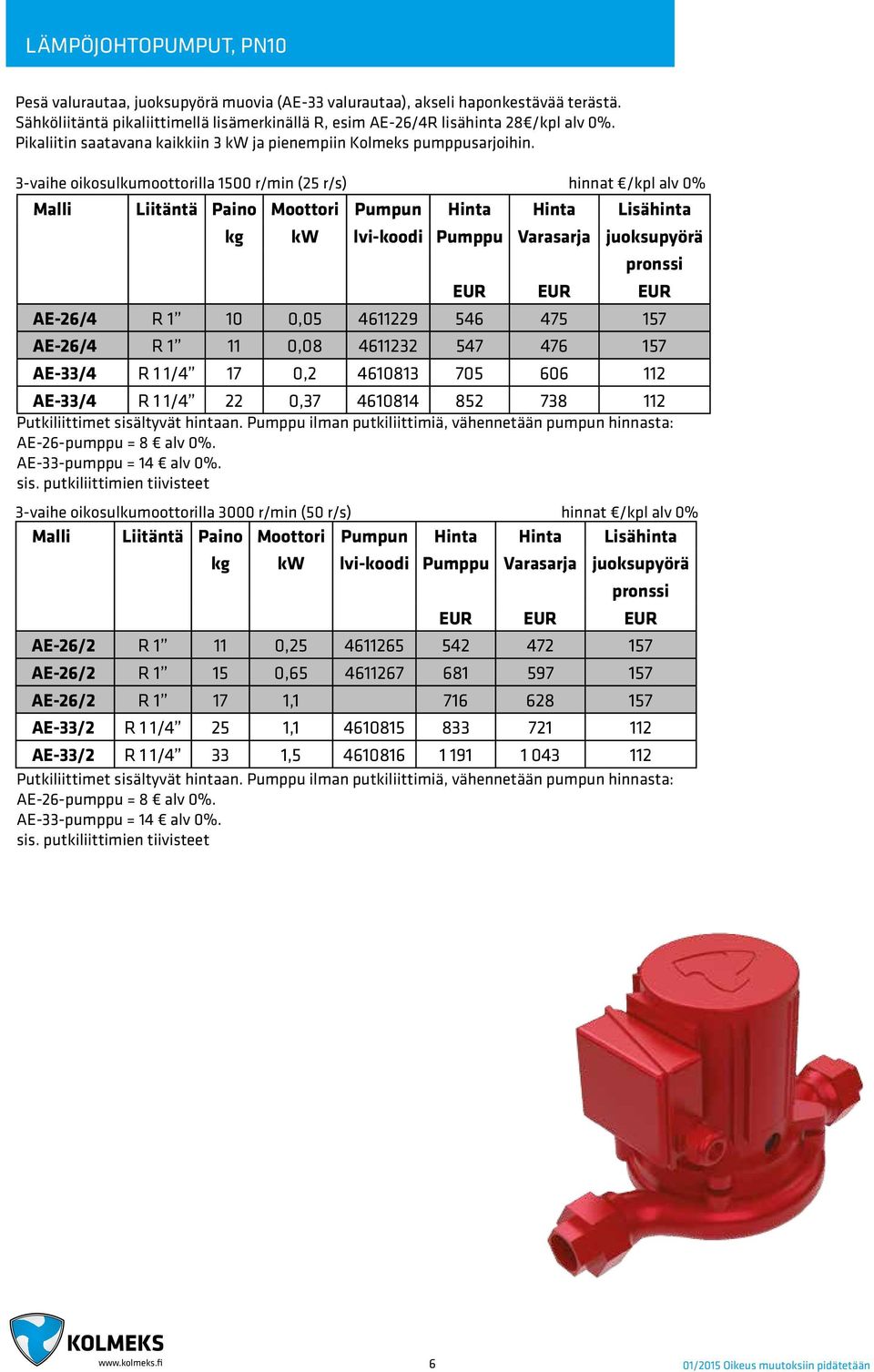 3-vaihe oikosulkumoottorilla 1500 r/min (25 r/s) hinnat /kpl alv 0% Malli Liitäntä Paino Moottori Pumpun Hinta Hinta Lisähinta kg kw lvi-koodi Pumppu Varasarja juoksupyörä pronssi EUR EUR EUR AE-26/4