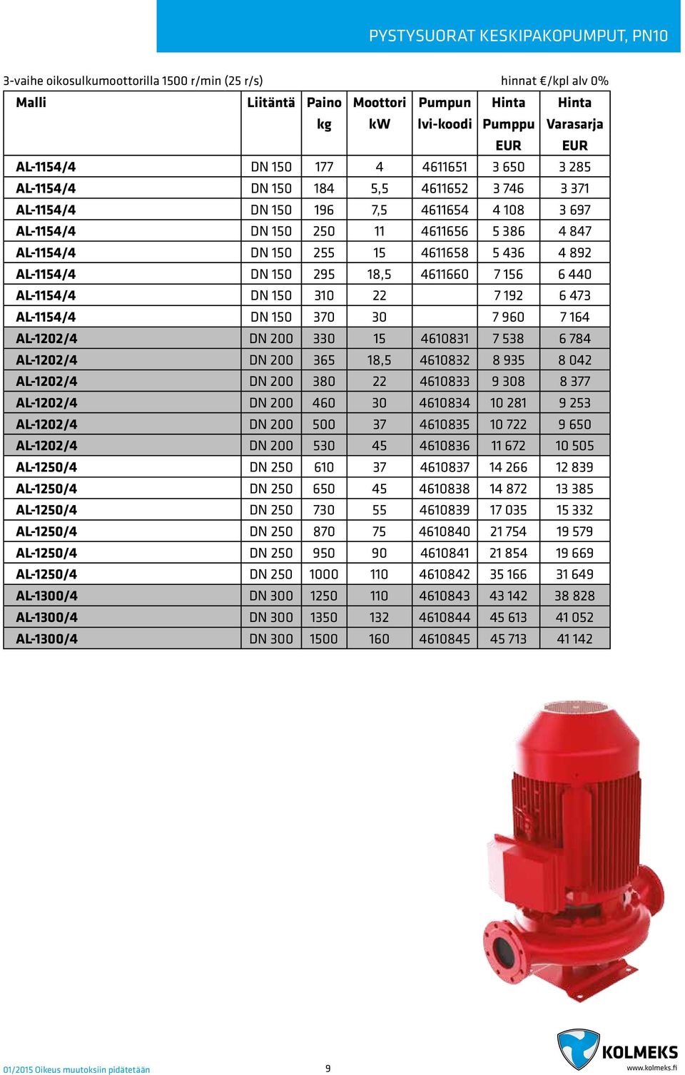 15 4611658 5 436 4 892 AL-1154/4 DN 150 295 18,5 4611660 7 156 6 440 AL-1154/4 DN 150 310 22 7 192 6 473 AL-1154/4 DN 150 370 30 7 960 7 164 AL-1202/4 DN 200 330 15 4610831 7 538 6 784 AL-1202/4 DN