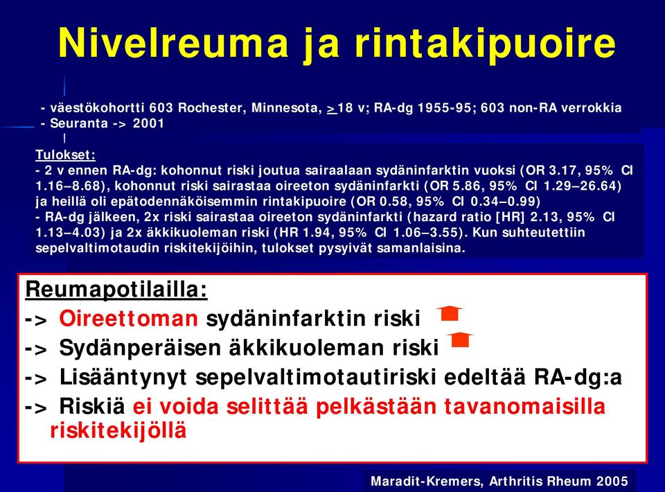 99) - RA-dg jälkeen, 2x riski sairastaa oireeton sydäninfarkti (hazard ratio [HR] 2.13, 95% CI 1.13 4.03) ja 2x äkkikuoleman riski (HR 1.94, 95% CI 1.06 3.55).