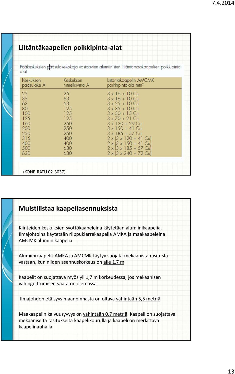 kun niiden asennuskorkeus on alle 1,7 m Kaapelit on suojattava myös yli 1,7 m korkeudessa, jos mekaanisen vahingoittumisen vaara on olemassa Ilmajohdon etäisyys