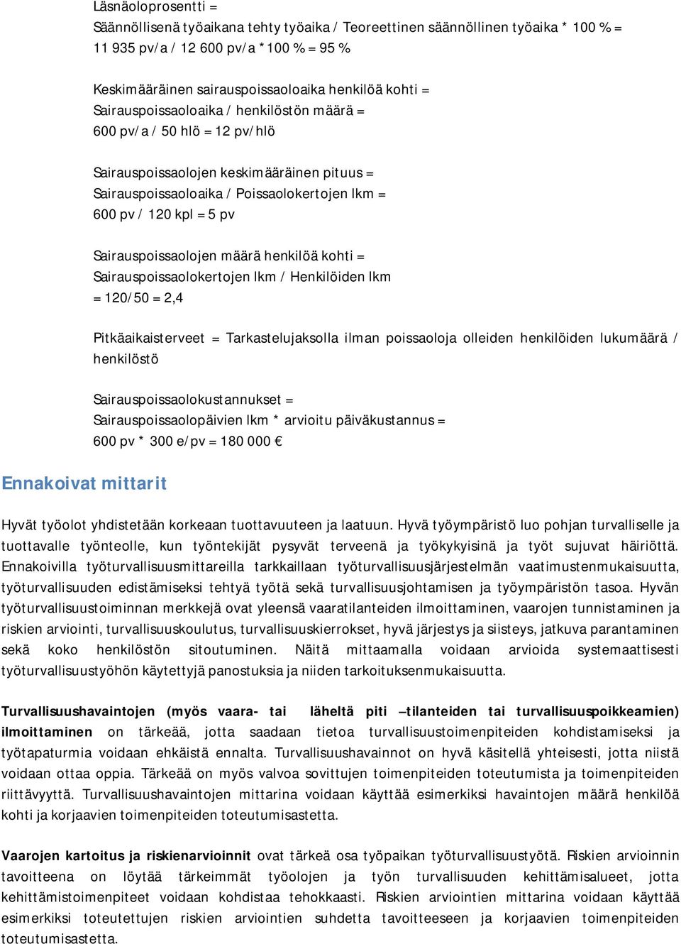 5 pv Sairauspoissaolojen määrä henkilöä kohti = Sairauspoissaolokertojen lkm / Henkilöiden lkm = 120/50 = 2,4 Pitkäaikaisterveet = Tarkastelujaksolla ilman poissaoloja olleiden henkilöiden lukumäärä