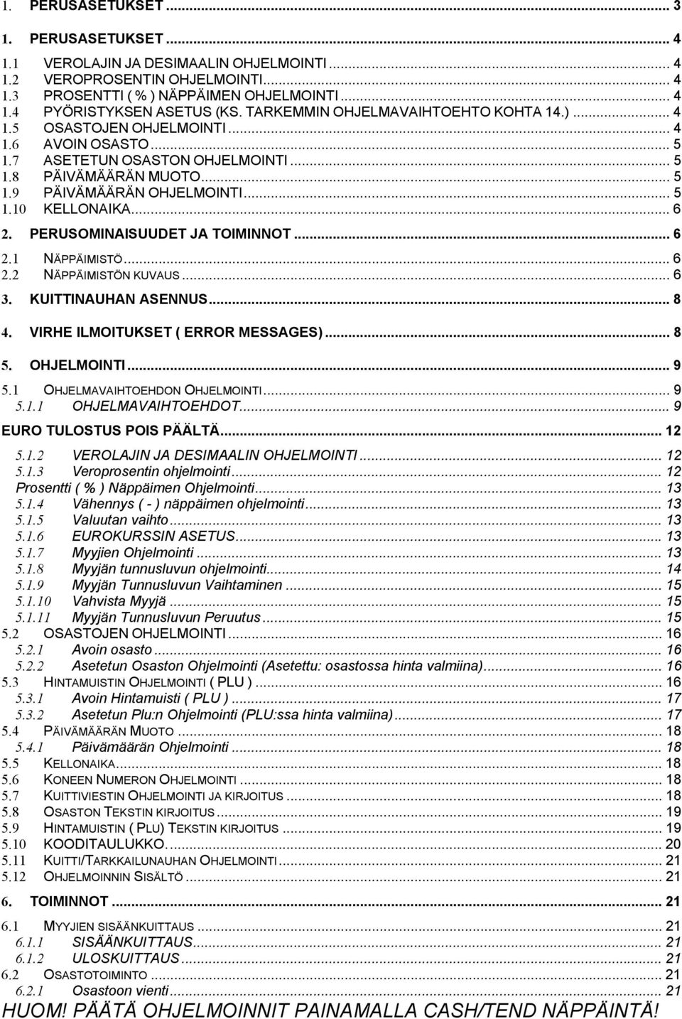 .. 6 2. PERUSOMINAISUUDET JA TOIMINNOT... 6 2.1... 6 2.2 N KUVAUS... 6 3. KUITTINAUHAN ASENNUS... 8 4. VIRHE ILMOITUKSET ( ERROR MESSAGES)... 8 5. OHJELMOINTI... 9 5.1 OHJELMAVAIHTOEHDON OHJELMOINTI.