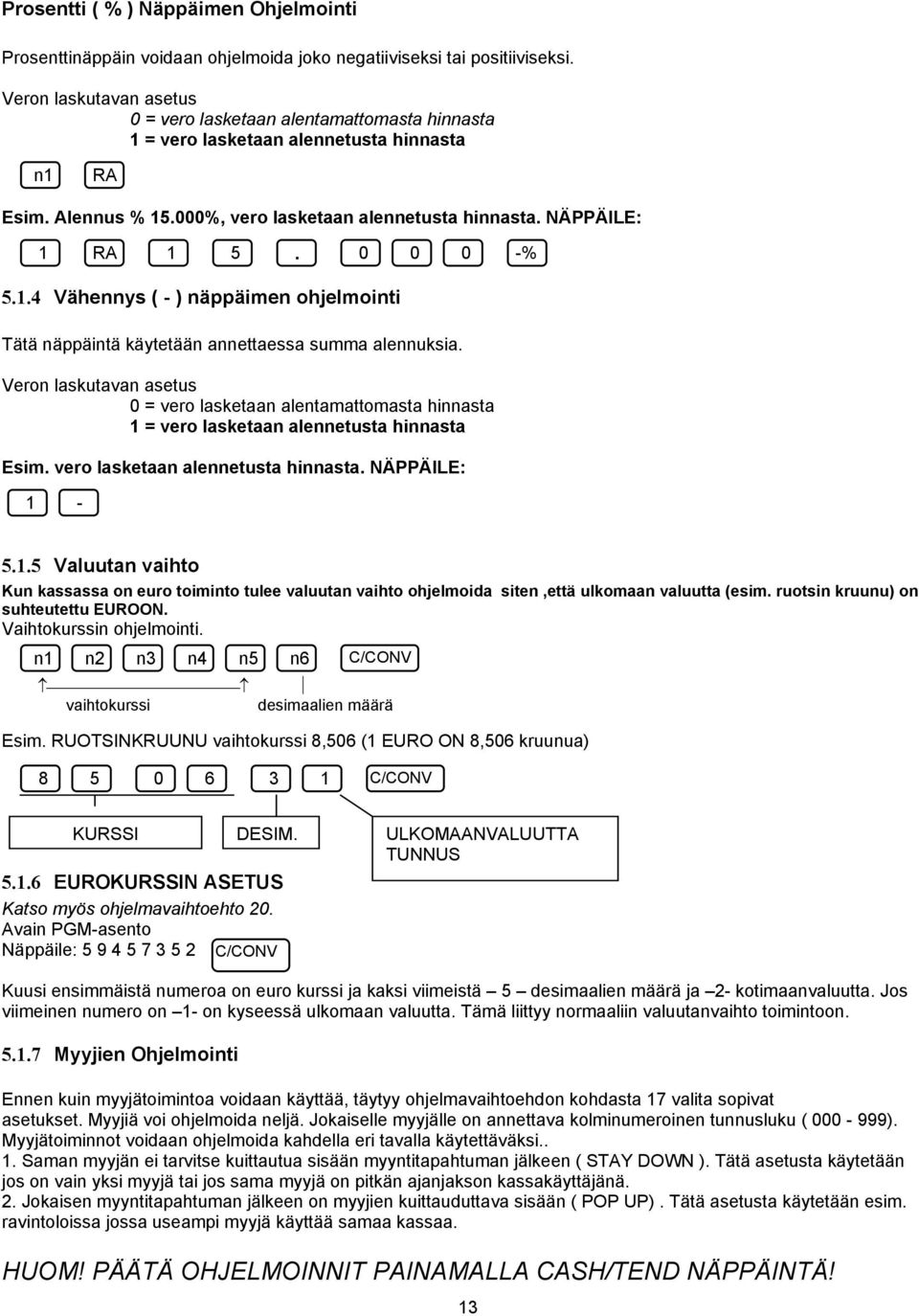 0 0 0 -% 5.1.4 Vähennys ( - ) näppäimen ohjelmointi Tätä näppäintä käytetään annettaessa summa alennuksia.