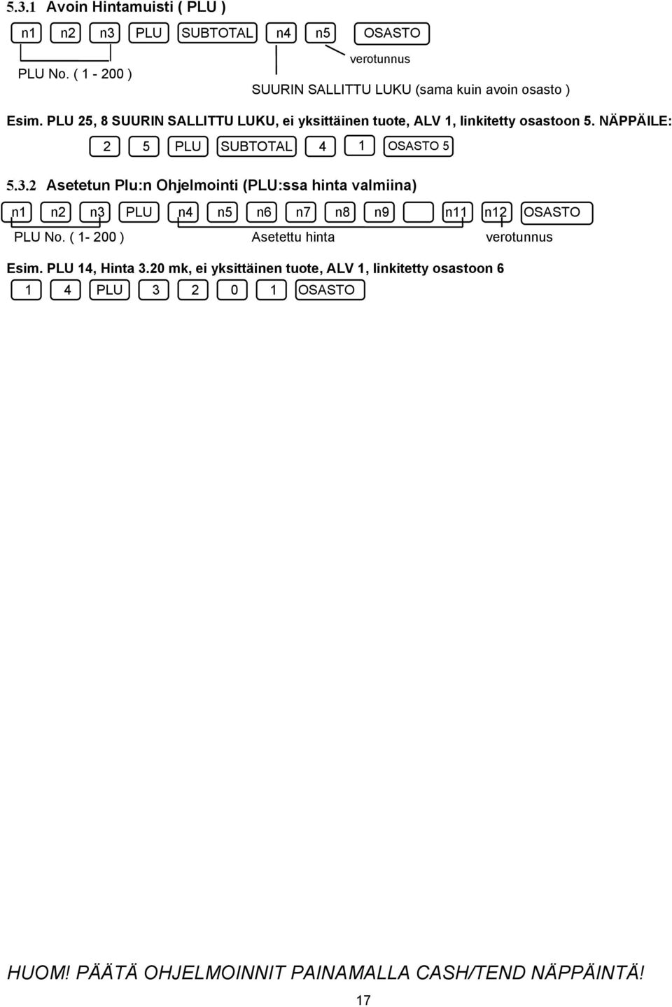 PLU 25, 8 SUURIN SALLITTU LUKU, ei yksittäinen tuote, ALV 1, linkitetty osastoon 5. NÄPPÄILE: 2 5 PLU SUBTOTAL 4 1 OSASTO 5 5.3.