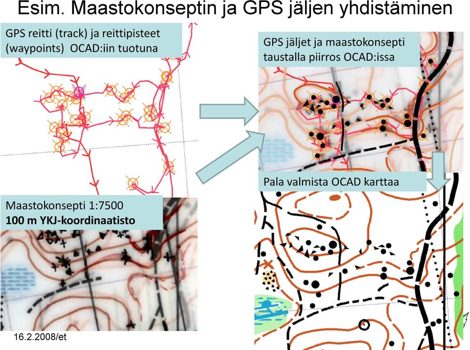 jäljet ja maastokonsepti taustalla piirros OCAD:issa