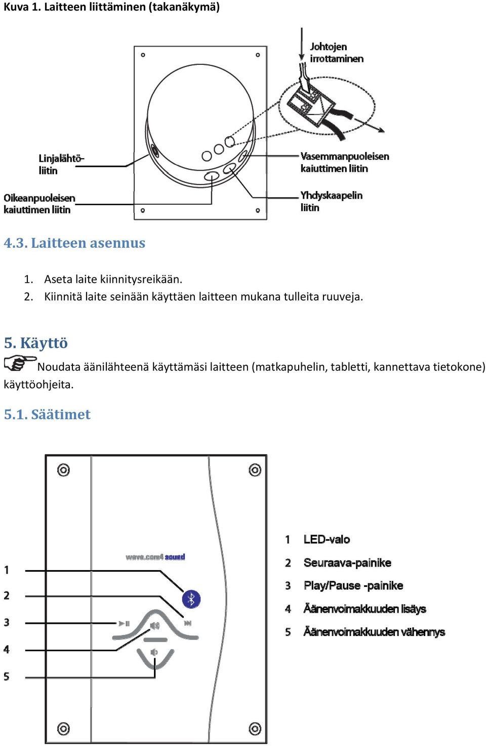 Kiinnitä laite seinään käyttäen laitteen mukana tulleita ruuveja. 5.