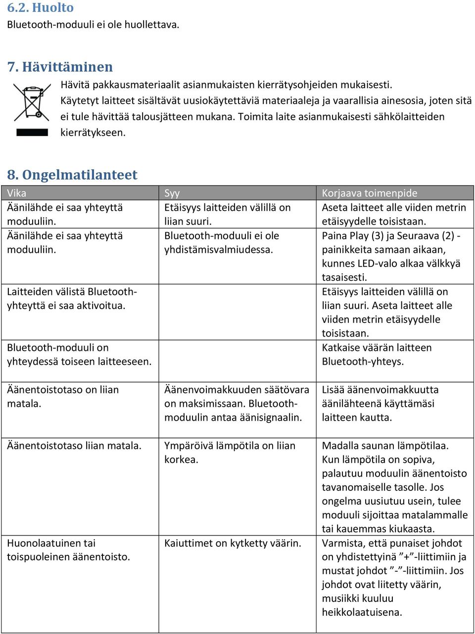 Ongelmatilanteet Vika Syy Korjaava toimenpide Äänilähde ei saa yhteyttä moduuliin. Etäisyys laitteiden välillä on liian suuri. Aseta laitteet alle viiden metrin etäisyydelle toisistaan.