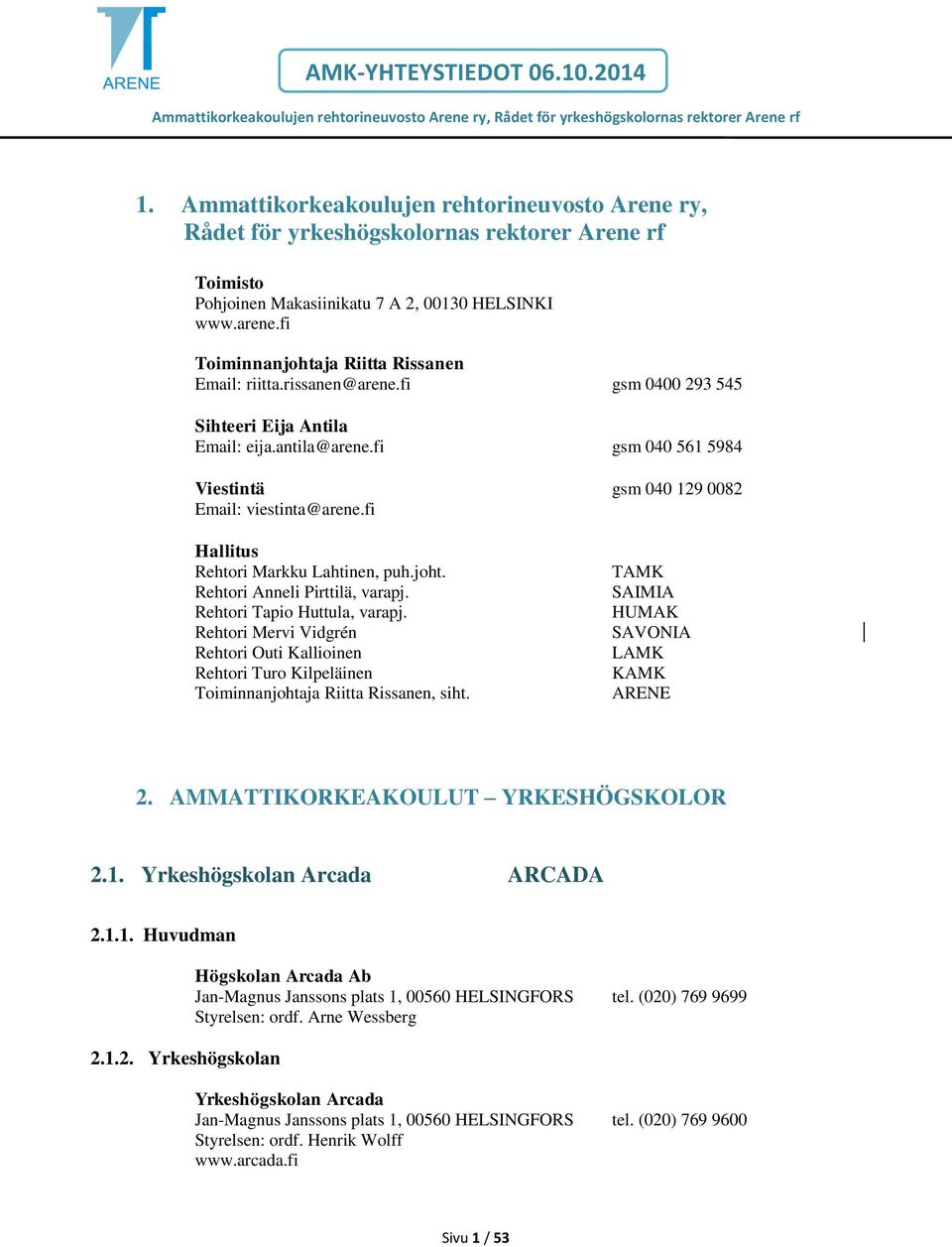 fi gsm 040 561 5984 Viestintä gsm 040 129 0082 Email: viestinta@arene.fi Hallitus Rehtori Markku Lahtinen, puh.joht. Rehtori Anneli Pirttilä, varapj. Rehtori Tapio Huttula, varapj.