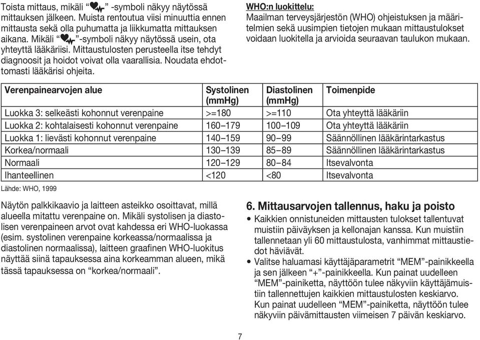 Näytön palkkikaavio ja laitteen asteikko osoittavat, millä alueella mitattu verenpaine on. Mikäli systolisen ja diastolisen verenpaineen arvot ovat kahdessa eri WHO-luokassa (esim.