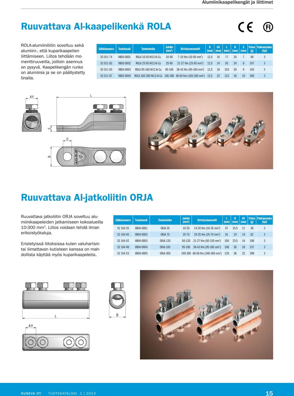 Sähkönumero Tuotekoodi Tuotenimike Kiristysmomentti 52 011 74 VB05-0001 ROA 10-50 M12 Al-Cu 10-50 7-10 Nm (10-50 mm 2 ) 12,5 10 77 20 7 49 3 52 011 82 VB05-0002 ROA 25-95 M12 Al-Cu 25-95 21-27 Nm