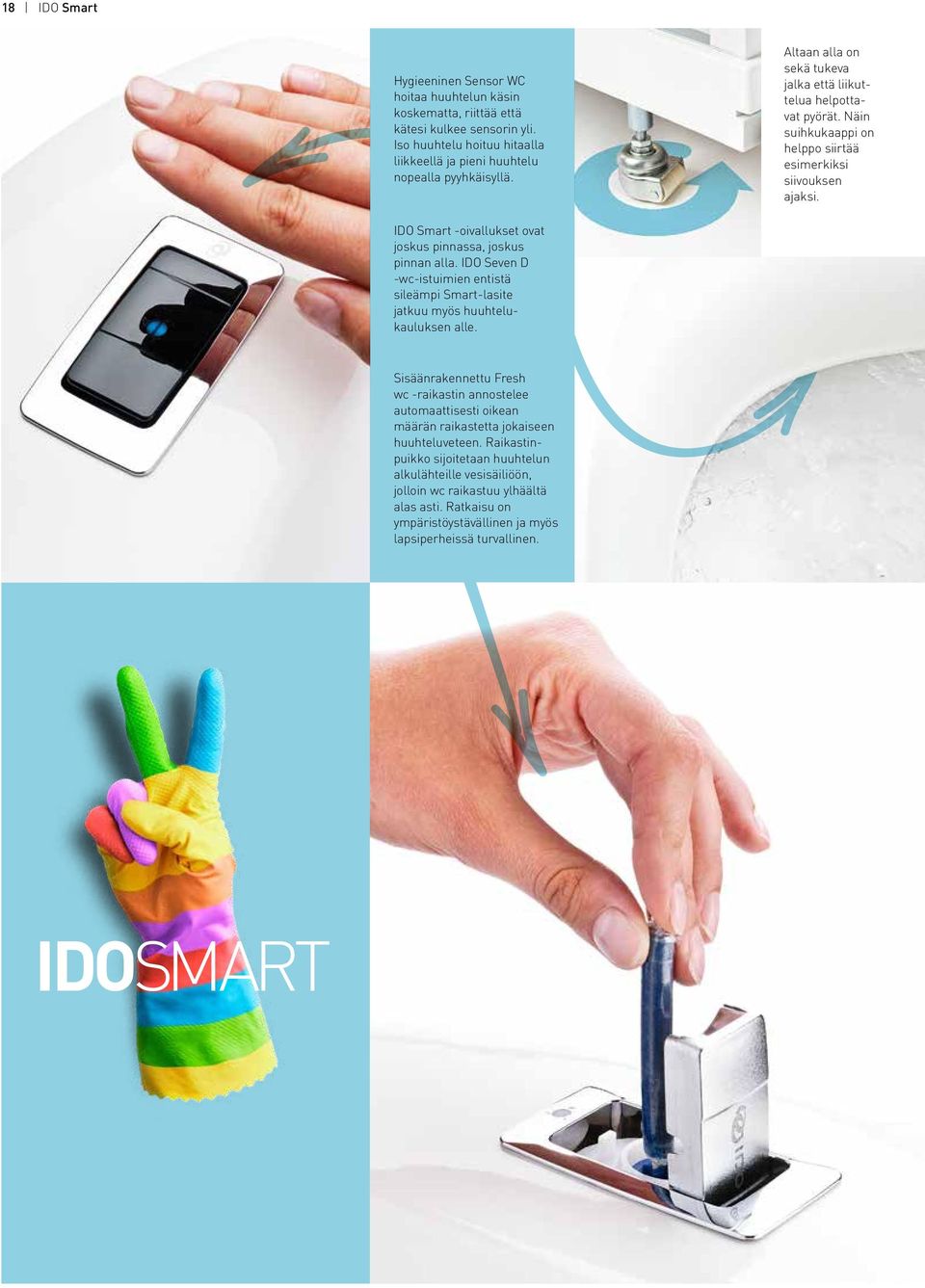 IDO Smart -oivallukset ovat joskus pinnassa, joskus pinnan alla. IDO Seven D -wc-istuimien entistä sileämpi Smart-lasite jatkuu myös huuhtelukauluksen alle.
