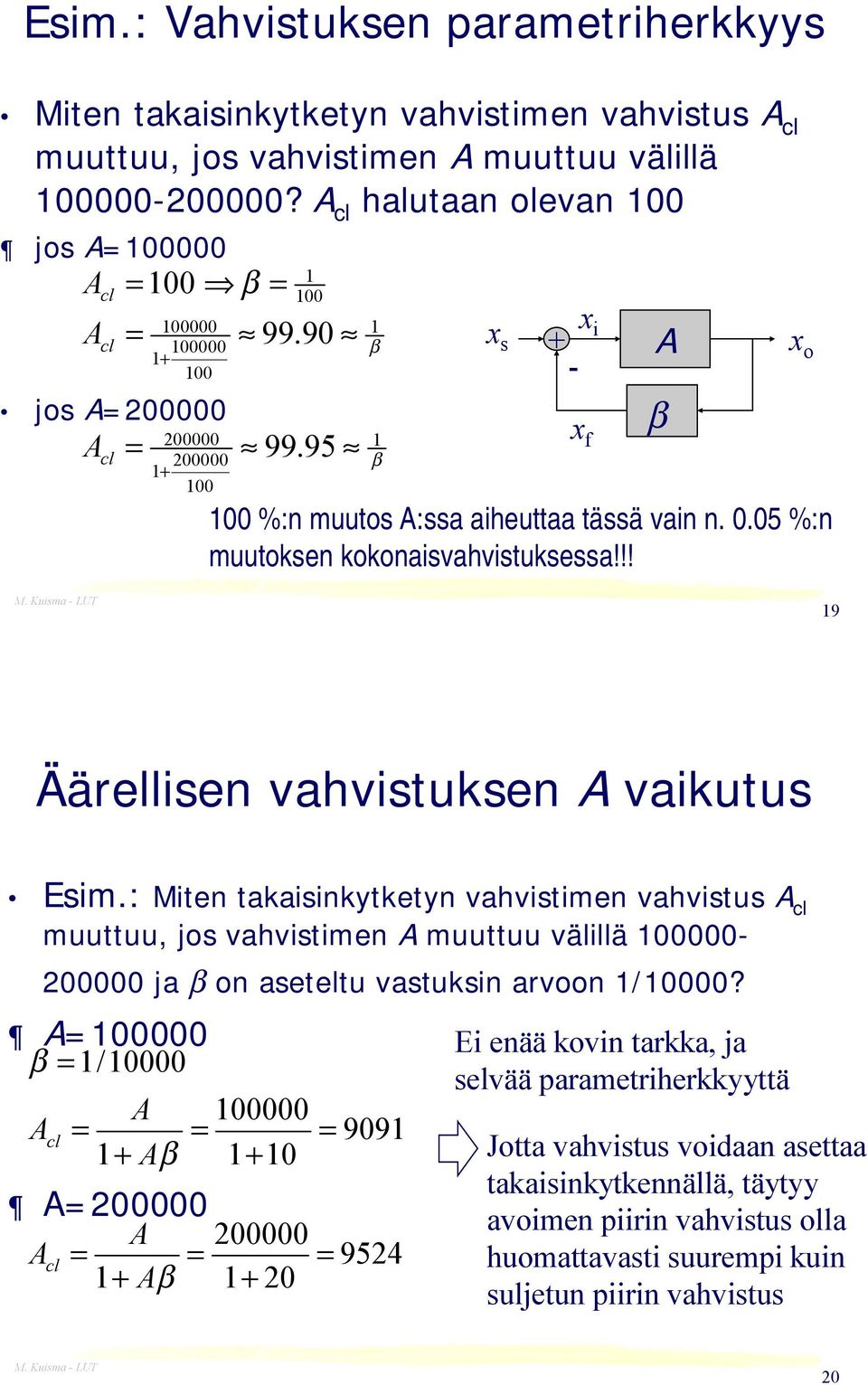 : Miten takaisinkytketyn vahvistimen vahvistus A cl muuttuu, jos vahvistimen A muuttuu välillä 2 ja β on aseteltu vastuksin arvoon /?