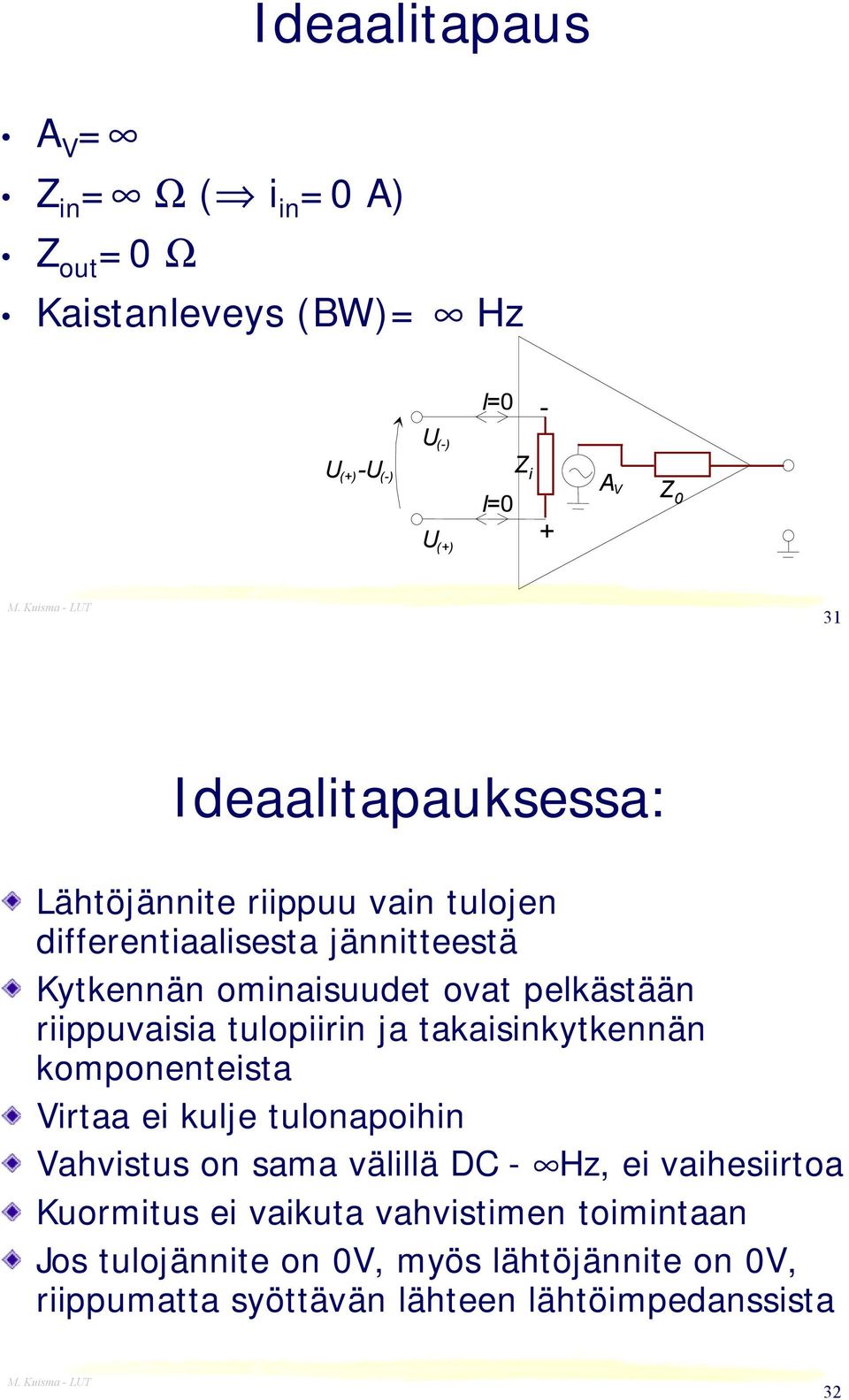 riippuvaisia tulopiirin ja takaisinkytkennän komponenteista Virtaa ei kulje tulonapoihin Vahvistus on sama välillä DC Hz, ei