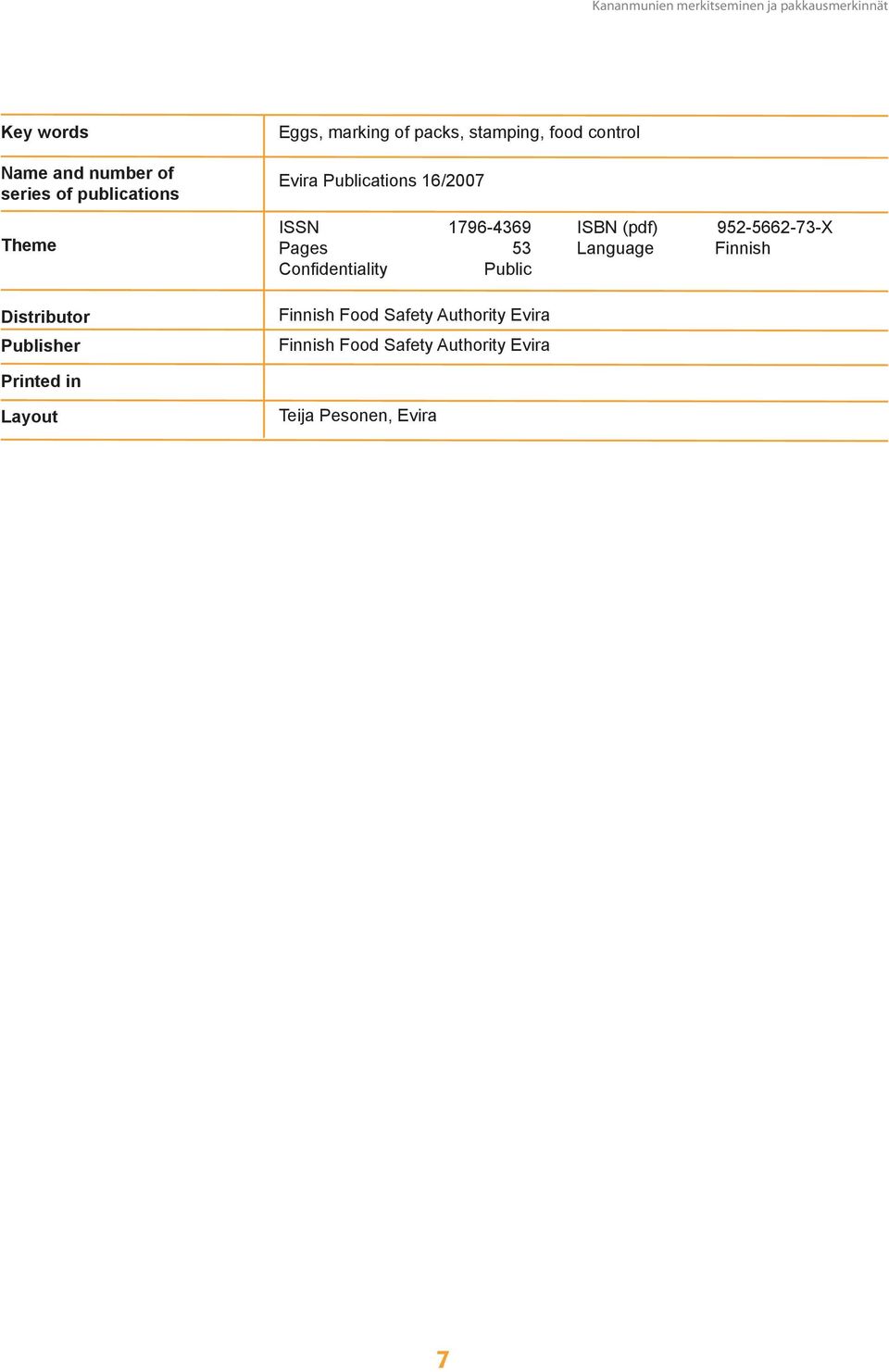 (pdf) 952-5662-73-X Pages 53 Language Finnish Confidentiality Public Finnish Food Safety