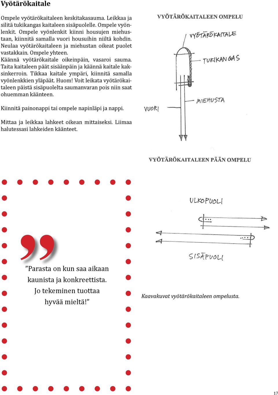 Käännä vyötärökaitale oikeinpäin, vasaroi sauma. Taita kaitaleen päät sisäänpäin ja käännä kaitale kaksinkerroin. Tikkaa kaitale ympäri, kiinnitä samalla vyönlenkkien yläpäät. Huom!