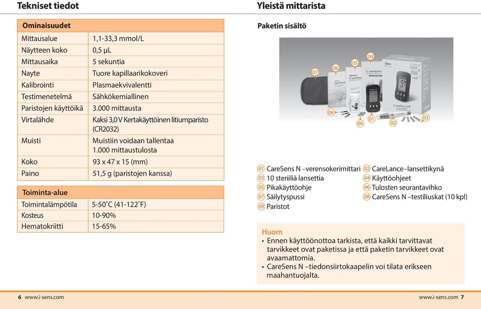 000 mittaustulosta 93 x 47 x 15 (mm) 51,5 g (paristojen kanssa) Toimintalämpötila 5-50 C (41-122 F) Kosteus 10-90% Hematokriitti 15-65% Yleistä mittarista Paketin sisältö 07 CareSens N