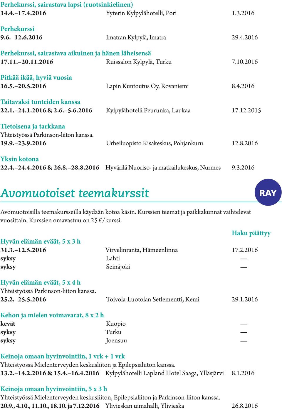 12.2015 Tietoisena ja tarkkana 19.9. 23.9.2016 Urheiluopisto Kisakeskus, Pohjankuru 12.8.2016 Yksin kotona 22.4. 24.4.2016 & 26.8. 28.8.2016 Hyvärilä Nuoriso- ja matkailukeskus, Nurmes 9.3.2016 Avomuotoiset teemakurssit RAY Avomuotoisilla teemakursseilla käydään kotoa käsin.