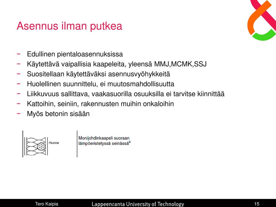 suunnittelu, ei muutosmahdollisuutta Liikkuvuus sallittava, vaakasuorilla osuuksilla ei