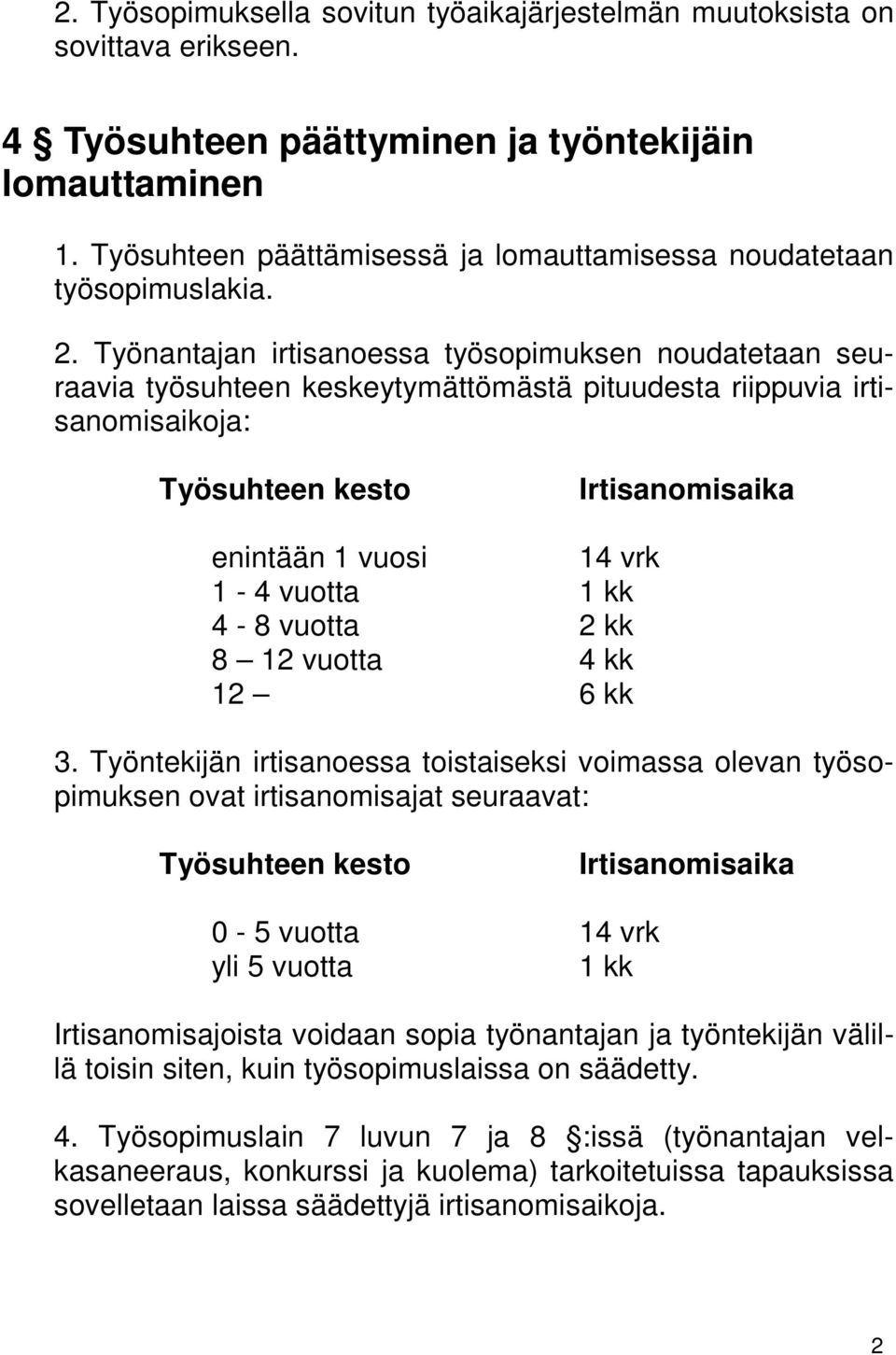 Työnantajan irtisanoessa työsopimuksen noudatetaan seuraavia työsuhteen keskeytymättömästä pituudesta riippuvia irtisanomisaikoja: Työsuhteen kesto Irtisanomisaika enintään 1 vuosi 14 vrk 1-4 vuotta