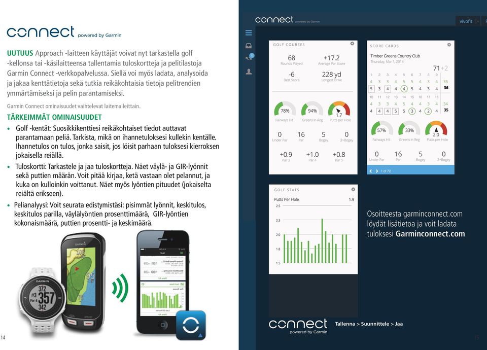 Garmin Connect ominaisuudet vaihtelevat laitemalleittain. TÄRKEIMMÄT OMINAISUUDET Golf -kentät: Suosikkikenttiesi reikäkohtaiset tiedot auttavat parantamaan peliä.