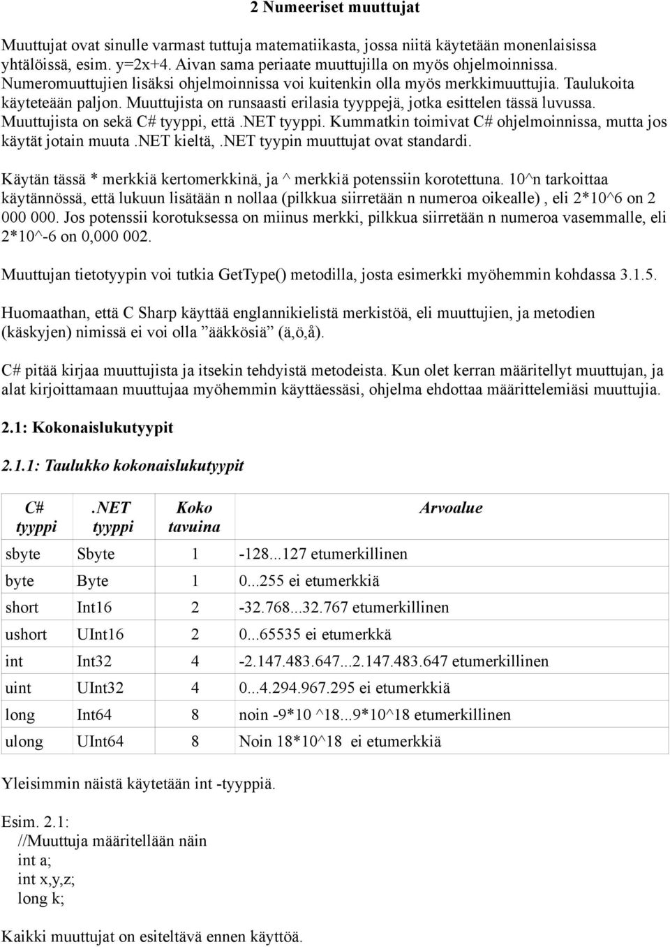 Muuttujista on sekä C# tyyppi, että.net tyyppi. Kummatkin toimivat C# ohjelmoinnissa, mutta jos käytät jotain muuta.net kieltä,.net tyypin muuttujat ovat standardi.