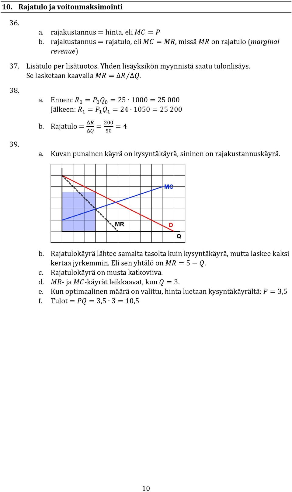 Rajatulo = ΔR ΔQ = 200 50 = 4 39. a. Kuvan punainen käyrä on kysyntäkäyrä, sininen on rajakustannuskäyrä. b.