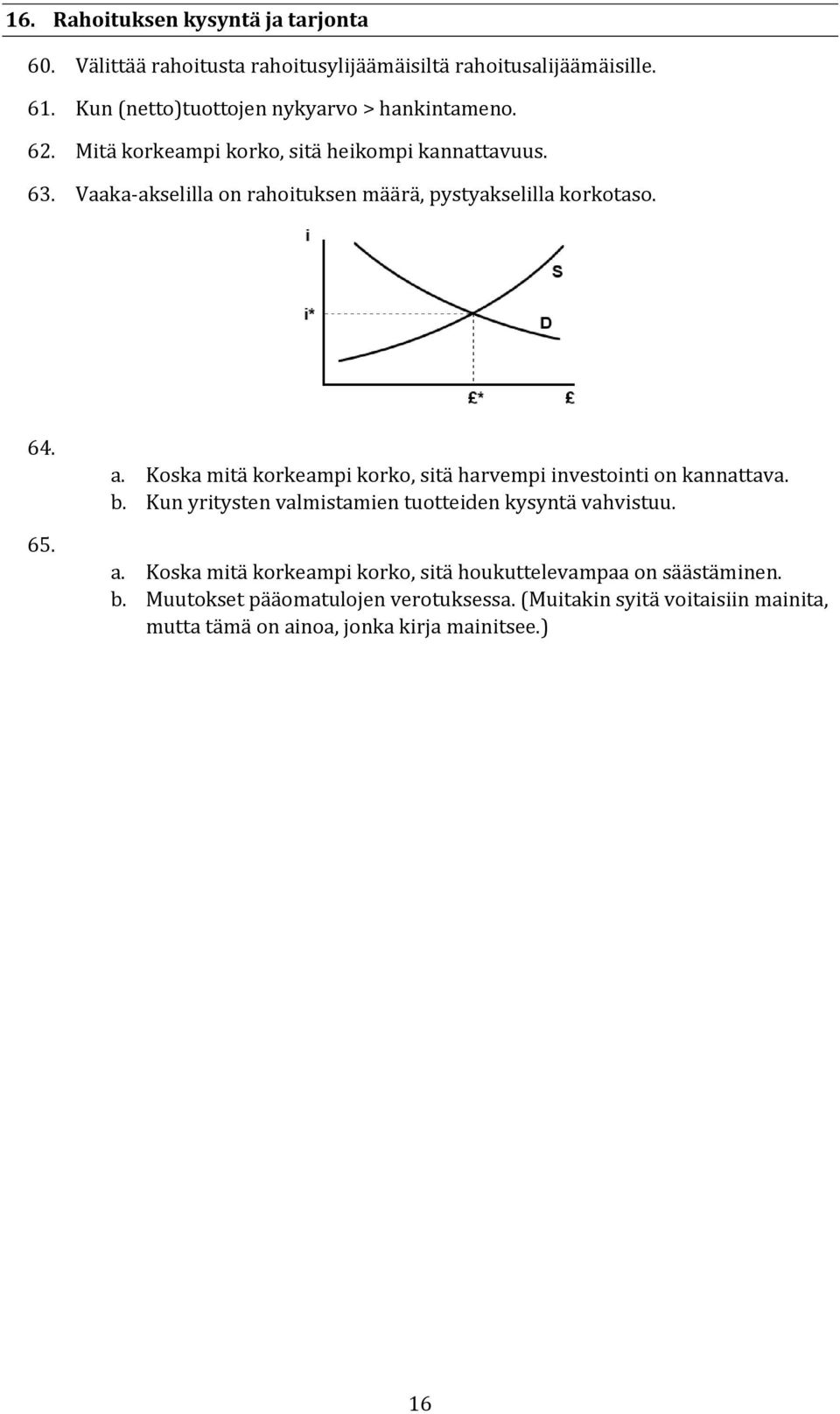 Vaaka-akselilla on rahoituksen määrä, pystyakselilla korkotaso. 64. 65. a. Koska mitä korkeampi korko, sitä harvempi investointi on kannattava. b.