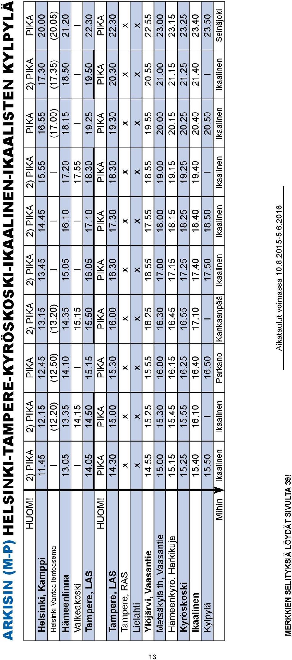 15 l 15.15 l l 17.55 l l l Tampere, LAS 14.05 14.50 15.15 15.50 16.05 17.10 18.30 19.25 19.50 22.30 HUOM! PIKA PIKA PIKA PIKA PIKA PIKA PIKA PIKA PIKA PIKA Tampere, LAS 14.30 15.00 15.30 16.00 16.