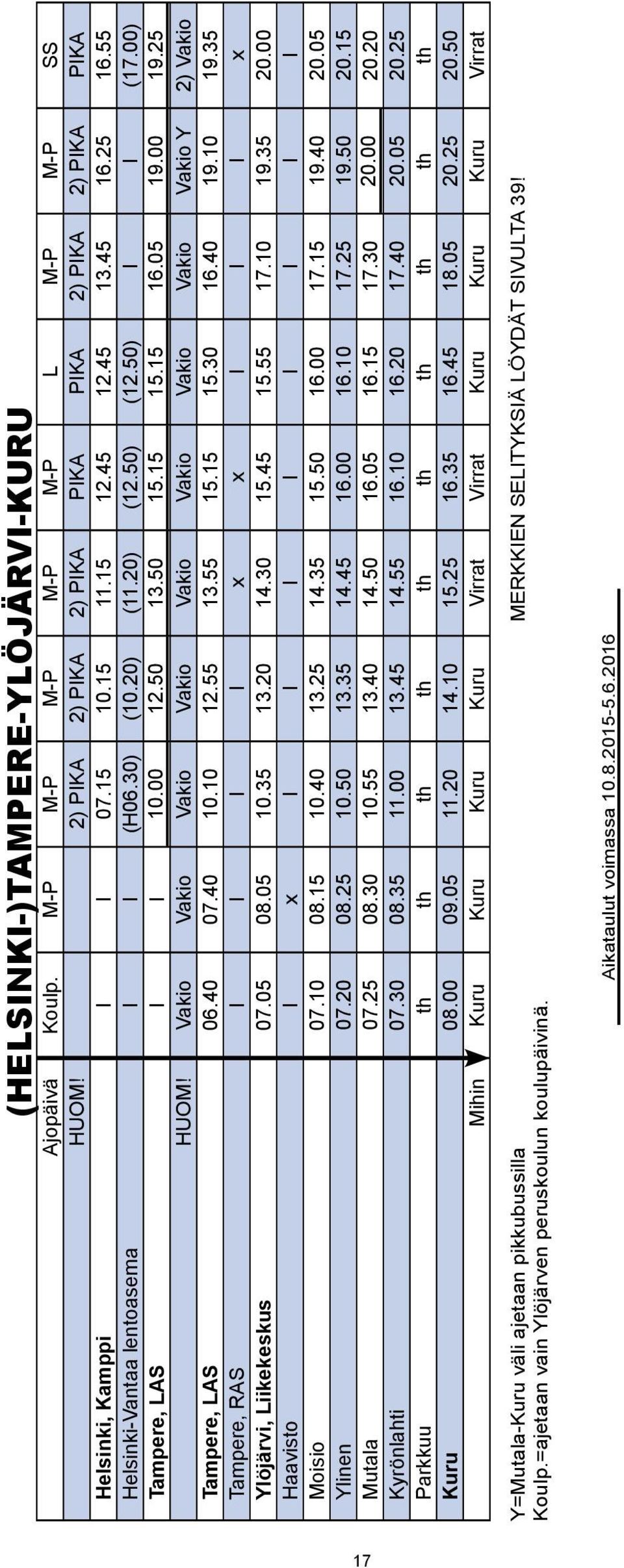 Vakio Vakio Vakio Vakio Vakio Vakio Vakio Vakio Vakio Y 2) Vakio Tampere, LAS 06.40 07.40 10.10 12.55 13.55 15.15 15.30 16.40 19.10 19.35 Tampere, RAS I I I I x x I I I x Ylöjärvi, Liikekeskus 07.