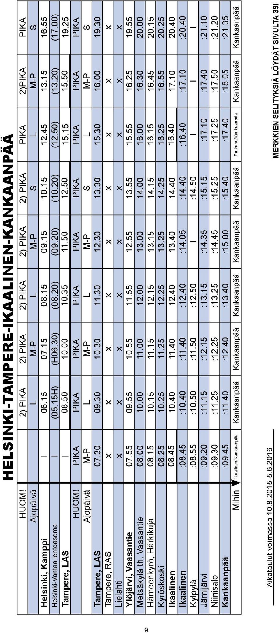 PIKA PIKA PIKA PIKA PIKA PIKA PIKA PIKA PIKA Ajopäivä M-P L M-P L M-P S L M-P S Tampere, LAS 07.30 09.30 10.30 11.30 12.30 13.30 15.30 16.00 19.