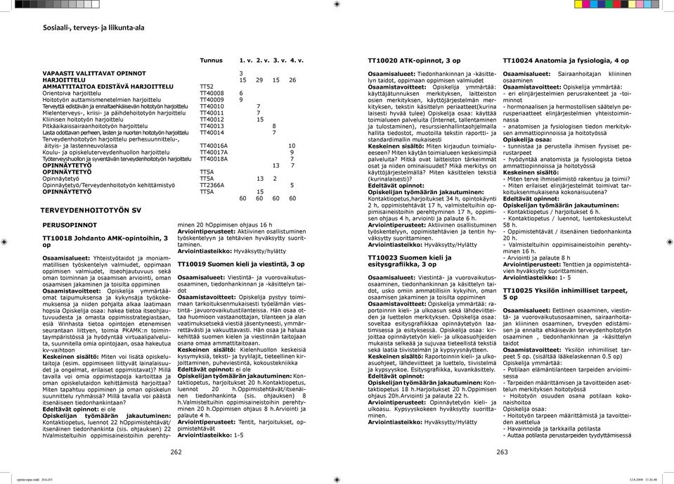 Terveyttä edistävän ja ennaltaehkäisevän hoitotyön harjoittelu TT40010 7 Mielenterveys-, kriisi- ja päihdehoitotyön harjoittelu TT40011 7 Kliinisen hoitotyön harjoittelu TT40012 15