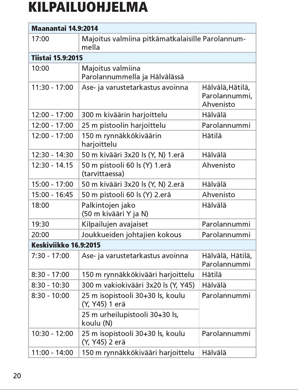 12:00-17:00 25 m pistoolin harjoittelu Parolannummi 12:00-17:00 150 m rynnäkkökiväärin harjoittelu Hätilä 12:30-14:30 50 m kivääri 3x20 ls (Y, N) 1.erä Hälvälä 12:30-14.15 50 m pistooli 60 ls (Y) 1.