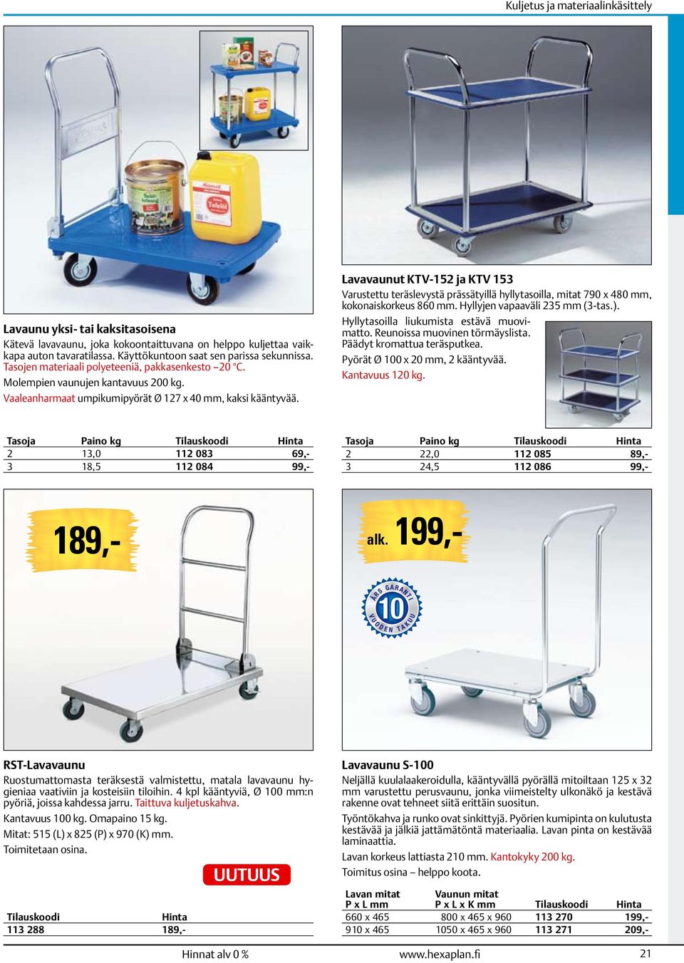 Lavavaunut KTV-152 ja KTV 153 Varustettu teräslevystä prässätyillä hyllytasoilla, mitat 790 x 480, kokonaiskorkeus 860. Hyllyjen vapaaväli 235 (3-tas.). Hyllytasoilla liukumista estävä muovimatto.