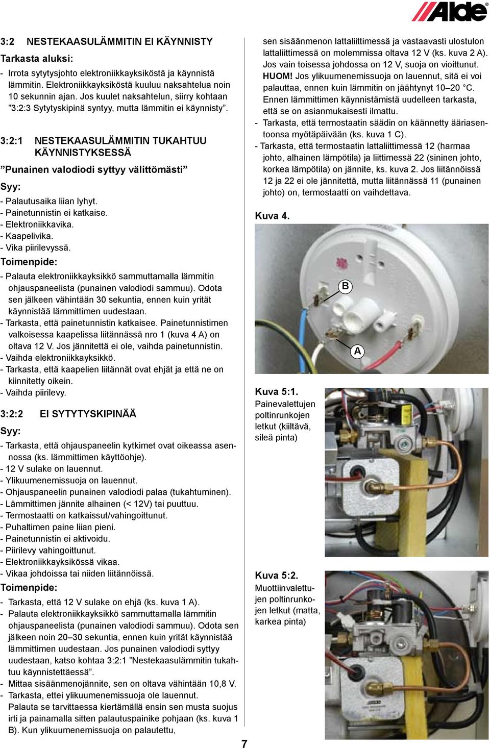 3:2:1 NESTEKSULÄMMITIN TUKHTUU KÄYNNISTYKSESSÄ Punainen valodiodi syttyy välittömästi Syy: - Palautusaika liian lyhyt. - Painetunnistin ei katkaise. - Elektroniikkavika. - Kaapelivika.