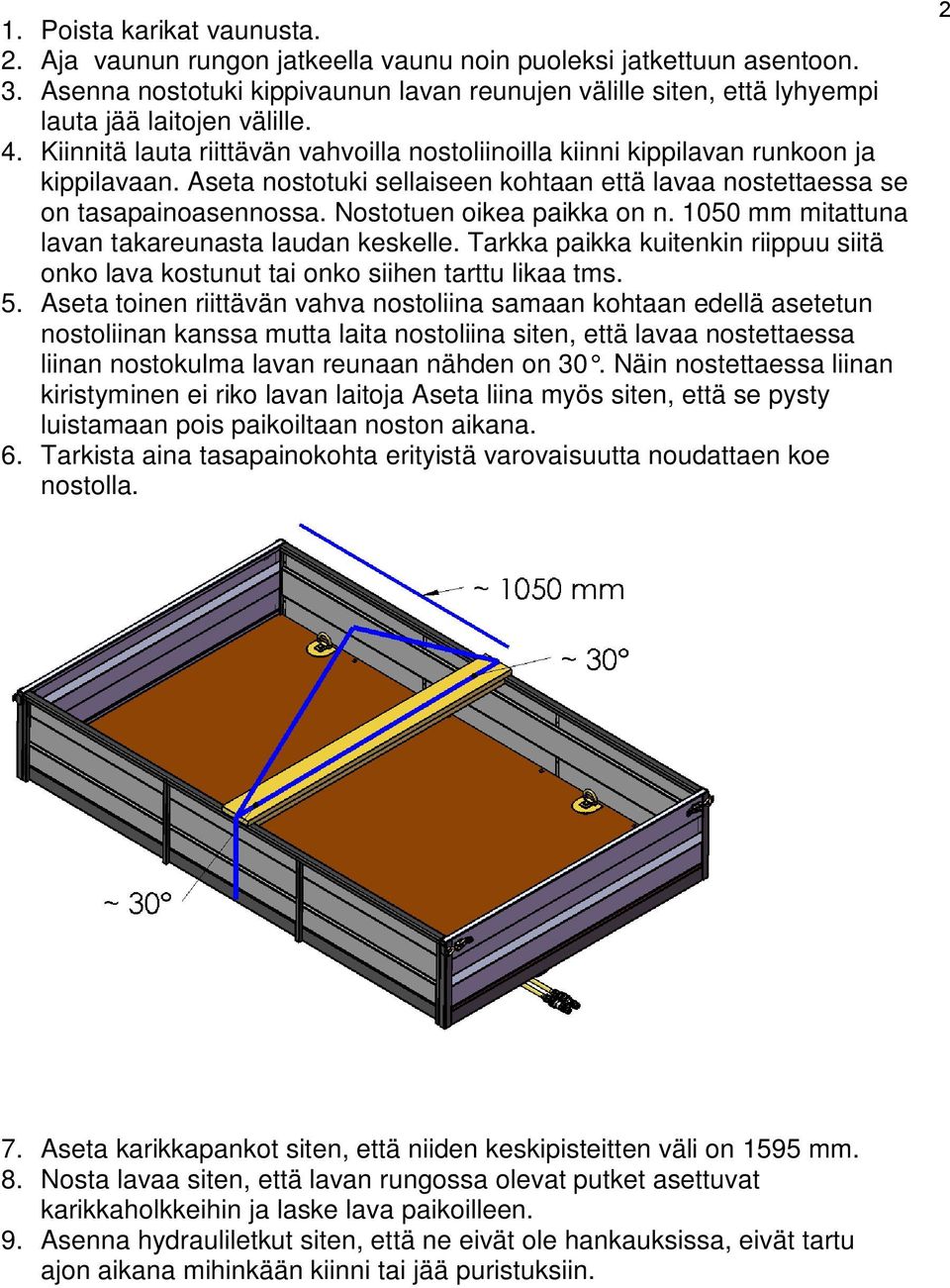 Aseta nostotuki sellaiseen kohtaan että lavaa nostettaessa se on tasapainoasennossa. Nostotuen oikea paikka on n. 1050 mm mitattuna lavan takareunasta laudan keskelle.