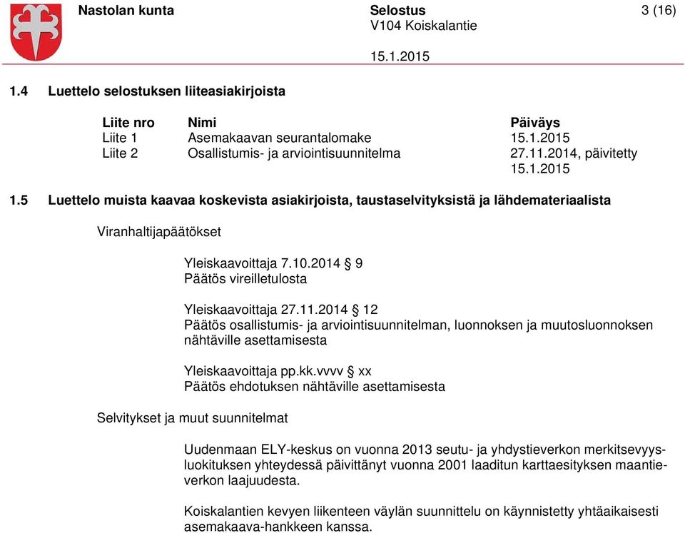 2014 9 Päätös vireilletulosta Yleiskaavoittaja 27.11.2014 12 Päätös osallistumis- ja arviointisuunnitelman, luonnoksen ja muutosluonnoksen nähtäville asettamisesta Yleiskaavoittaja pp.kk.