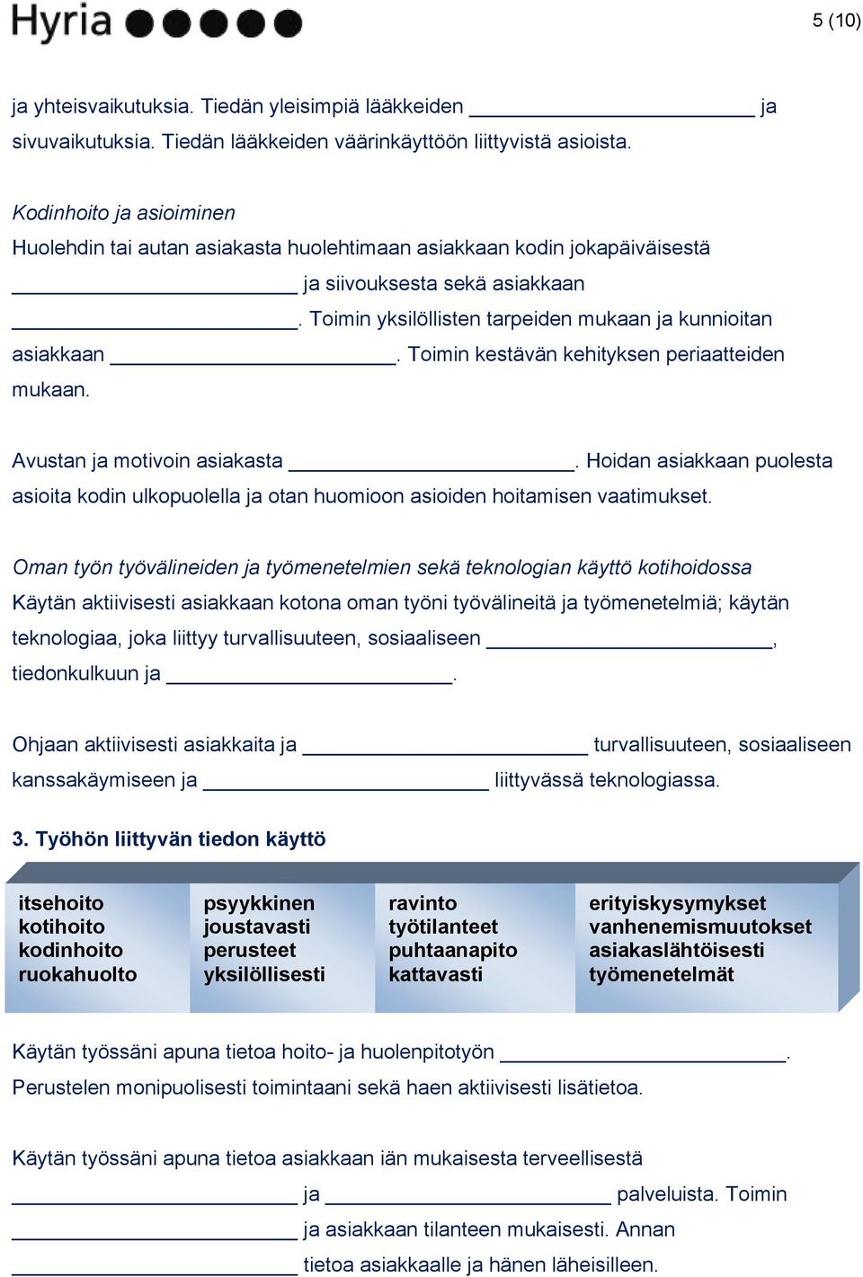 Toimin kestävän kehityksen periaatteiden mukaan. Avustan ja motivoin asiakasta. Hoidan asiakkaan puolesta asioita kodin ulkopuolella ja otan huomioon asioiden hoitamisen vaatimukset.