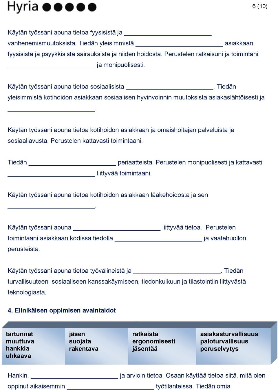 Käytän työssäni apuna tietoa kotihoidon asiakkaan ja omaishoitajan palveluista ja sosiaaliavusta. Perustelen kattavasti toimintaani. Tiedän periaatteista.