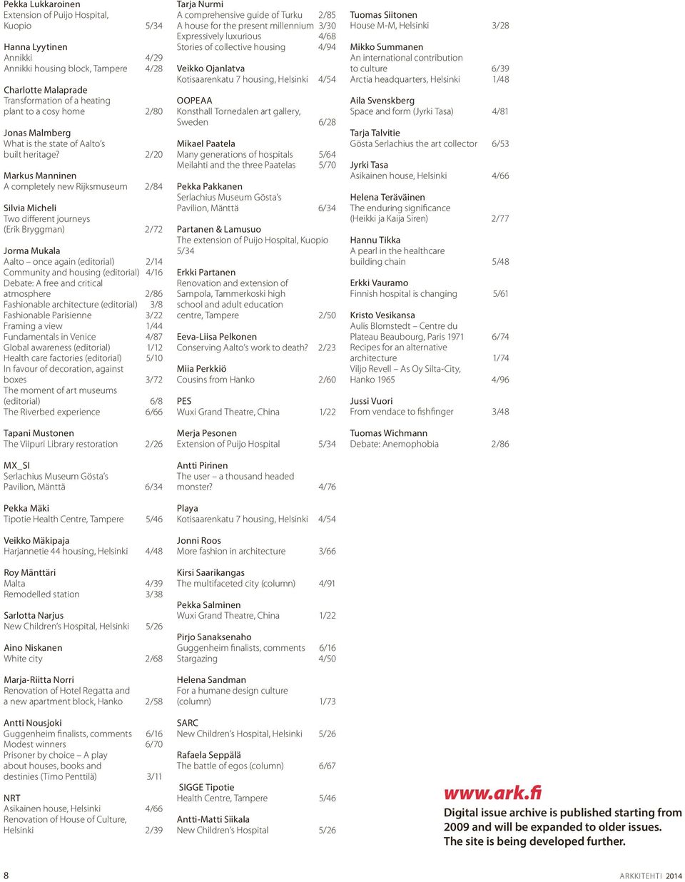 2/20 Markus Manninen A completely new Rijksmuseum 2/84 Silvia Micheli Two different journeys (Erik Bryggman) 2/72 Aalto once again (editorial) 2/14 Community and housing (editorial) 4/16 Debate: A