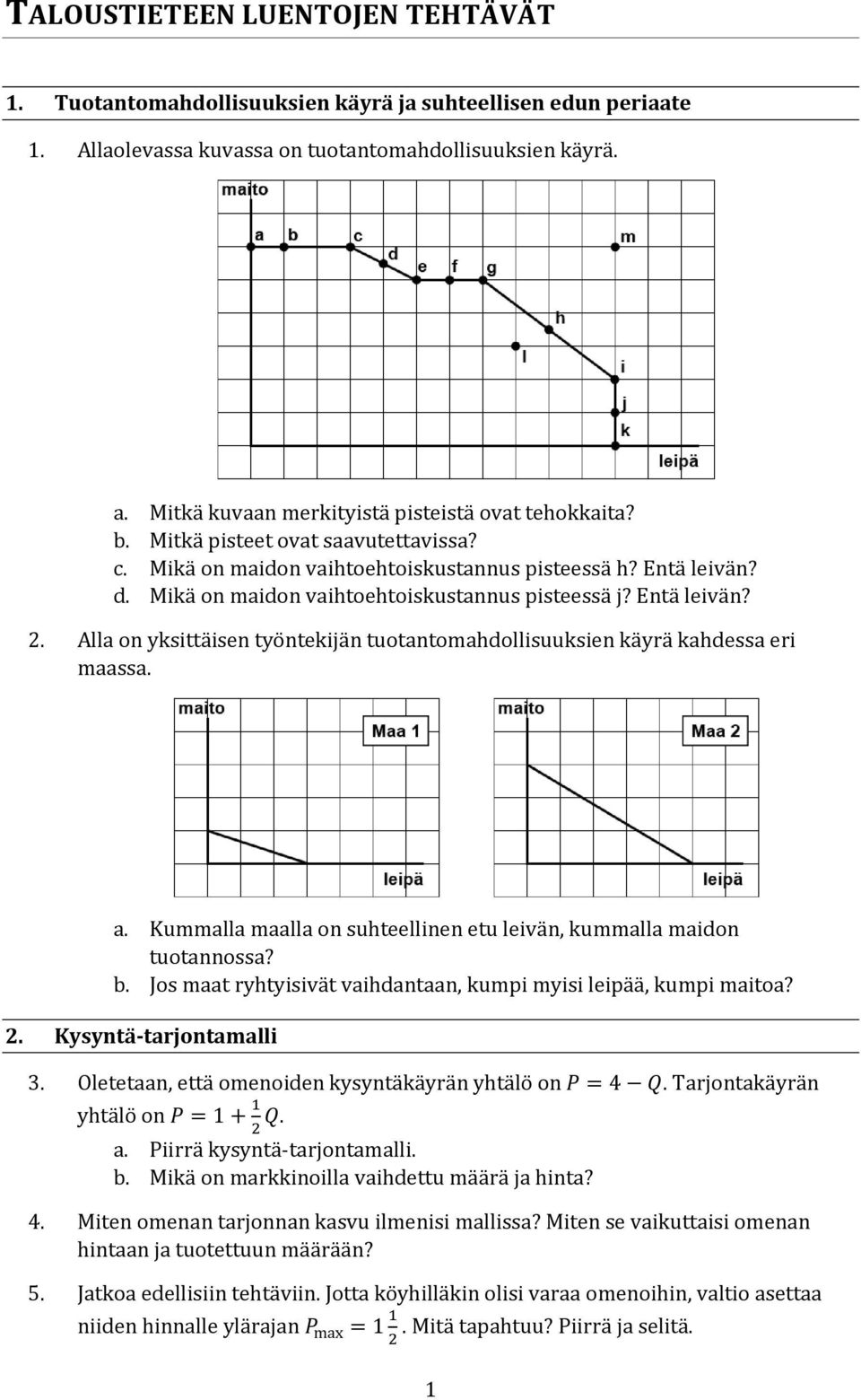 Mikä on maidon vaihtoehtoiskustannus pisteessä j? Entä leivän? 2. Alla on yksittäisen työntekijän tuotantomahdollisuuksien käyrä kahdessa eri maassa. a.