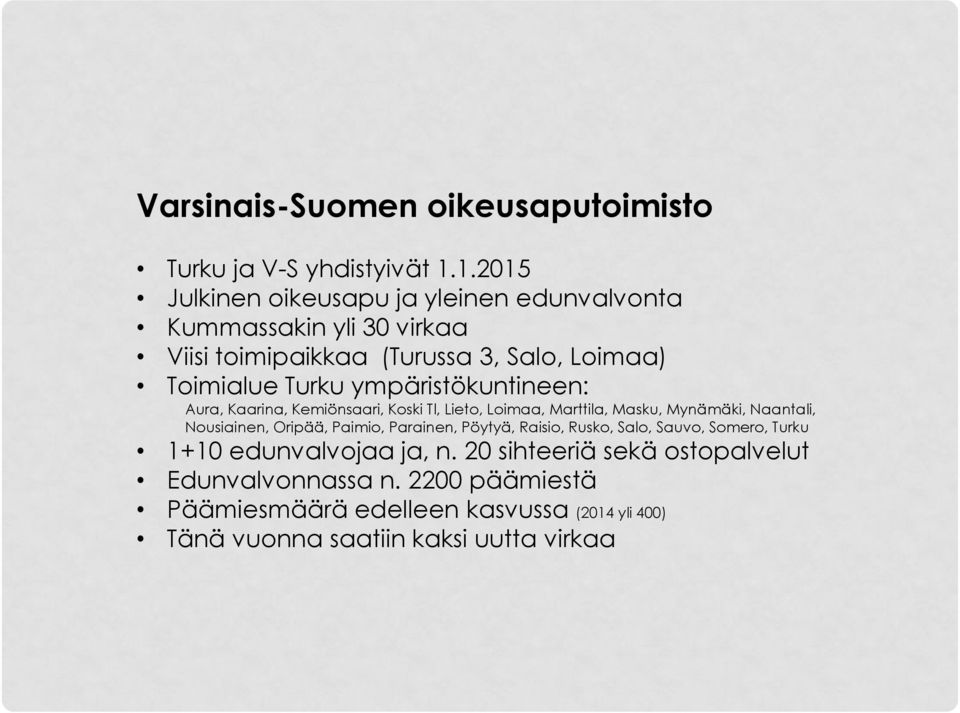ympäristökuntineen: Aura, Kaarina, Kemiönsaari, Koski Tl, Lieto, Loimaa, Marttila, Masku, Mynämäki, Naantali, Nousiainen, Oripää, Paimio,