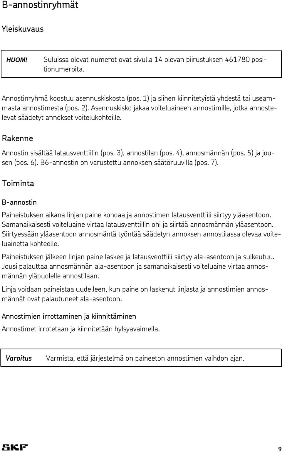 Rakenne Annostin sisältää latausventtiilin (pos. 3), annostilan (pos. 4), annosmännän (pos. 5) ja jousen (pos. 6). B6-annostin on varustettu annoksen säätöruuvilla (pos. 7).