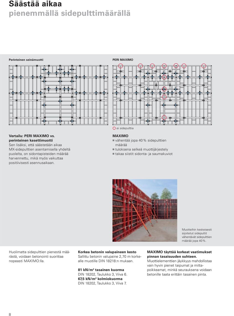 MAXIMO vähentää jopa 40 % sidepulttien määrää tuloksena selkeä muottijärjestely takaa siistit sidonta- ja saumakuviot Muotteihin keskeisesti sijoitetut sidepultit vähentävät sidepulttien määrää jopa