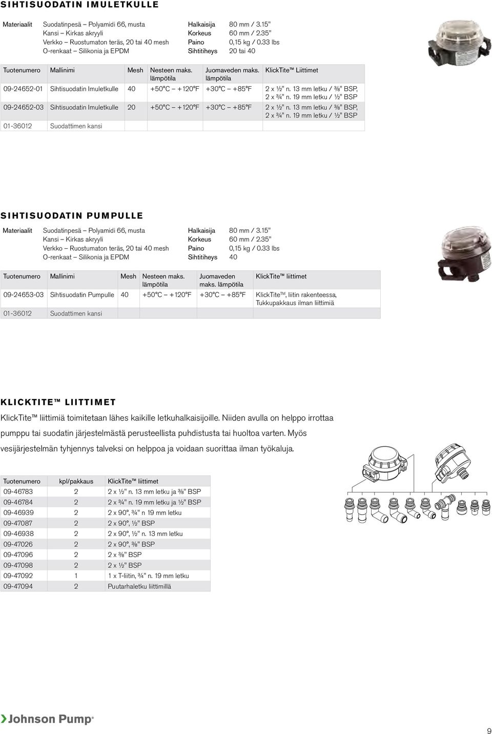 lämpötila KlickTite Liittimet 09-24652-01 Sihtisuodatin Imuletkulle 40 +50 C +120 F +30 C +85 F 2 x ½" n. 13 mm letku / ⅜" BSP, 2 x ¾" n.