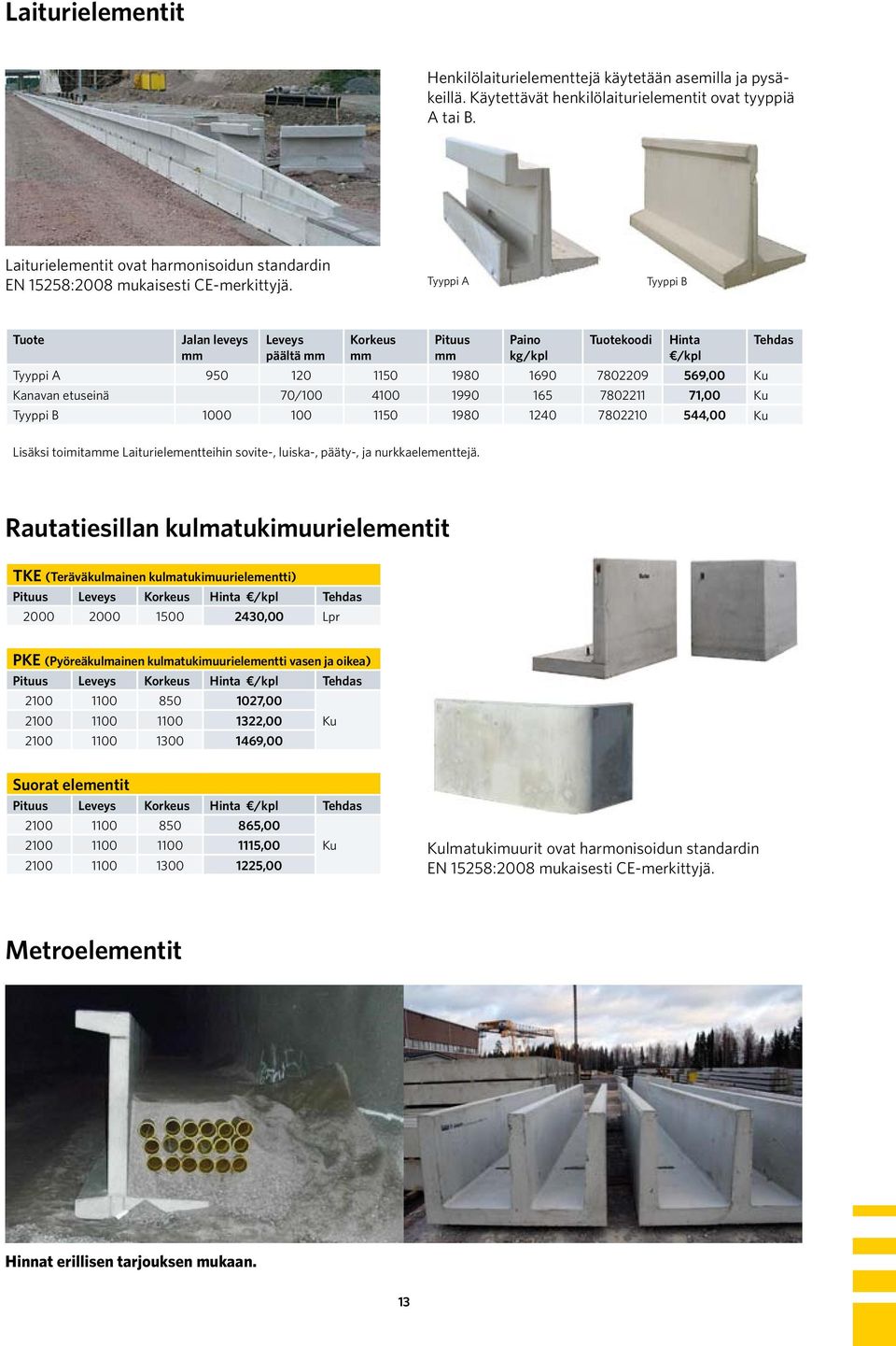 Tyyppi A Tyyppi B Tuote Jalan leveys Leveys päältä Korkeus Pituus kg/kpl Tuotekoodi Hinta /kpl Tyyppi A 950 120 1150 1980 1690 7802209 569,00 Ku Kanavan etuseinä 70/100 4100 1990 165 7802211 71,00 Ku