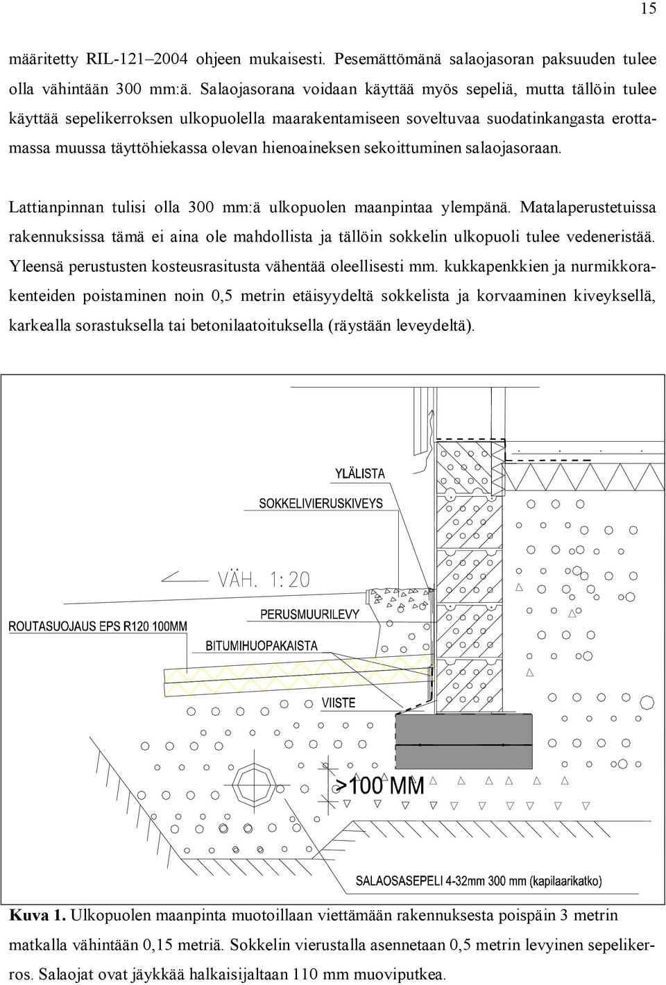 hienoaineksen sekoittuminen salaojasoraan. Lattianpinnan tulisi olla 300 mm:ä ulkopuolen maanpintaa ylempänä.