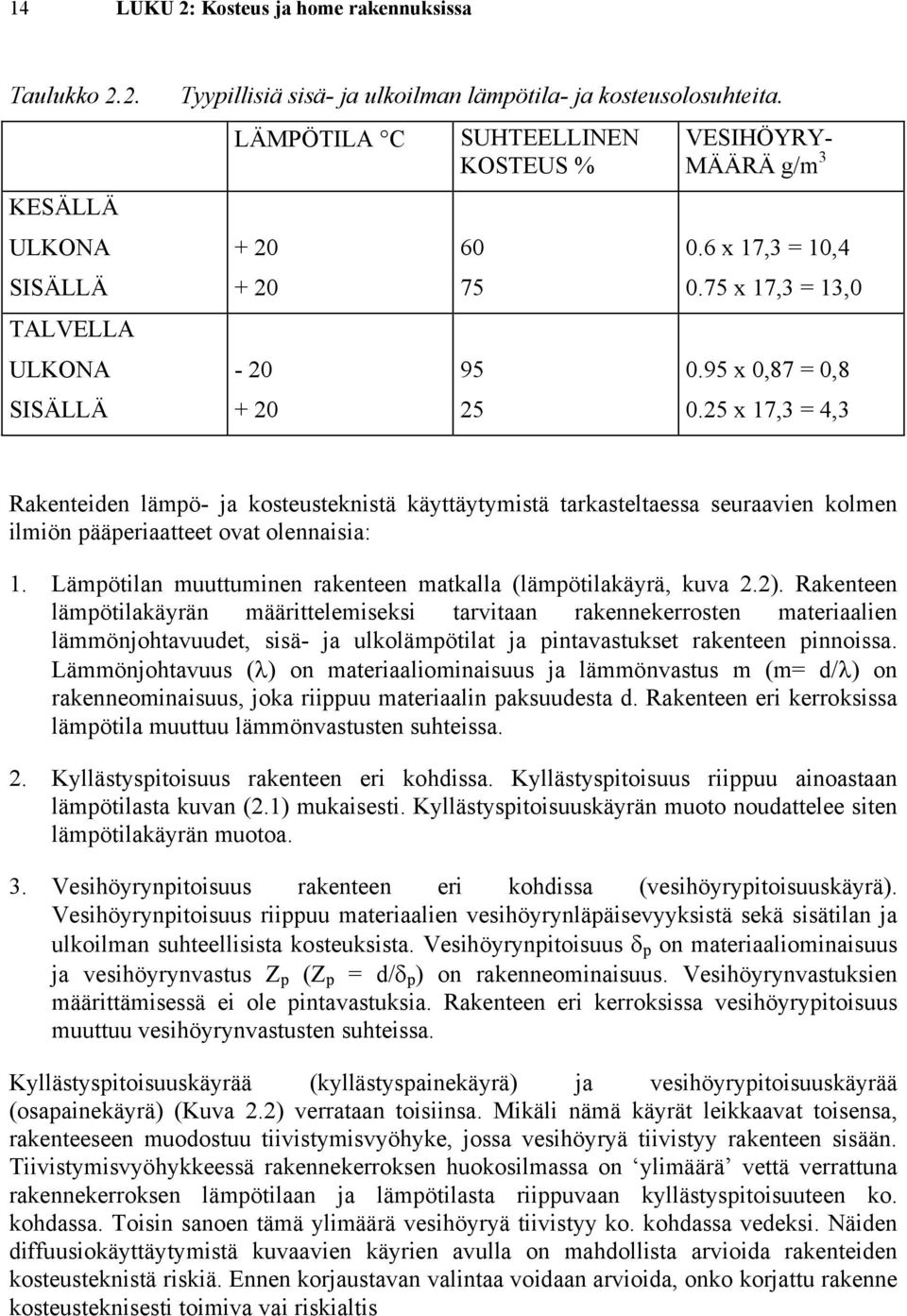 25 x 17,3 = 4,3 Rakenteiden lämpö- ja kosteusteknistä käyttäytymistä tarkasteltaessa seuraavien kolmen ilmiön pääperiaatteet ovat olennaisia: 1.